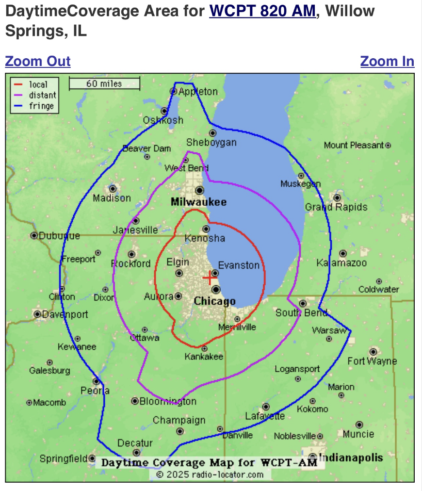 Daytime Coverage Area for WCPT 820 AM